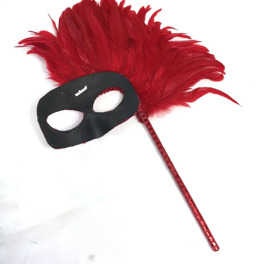 VENETIAN Red Sequin Mask w Red Feathers w/ Handle NWOT NOS